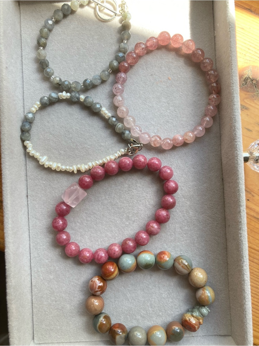 Natural Gemstone Bead Bracelet Set - strawberry quartz, Alashan, and laborites